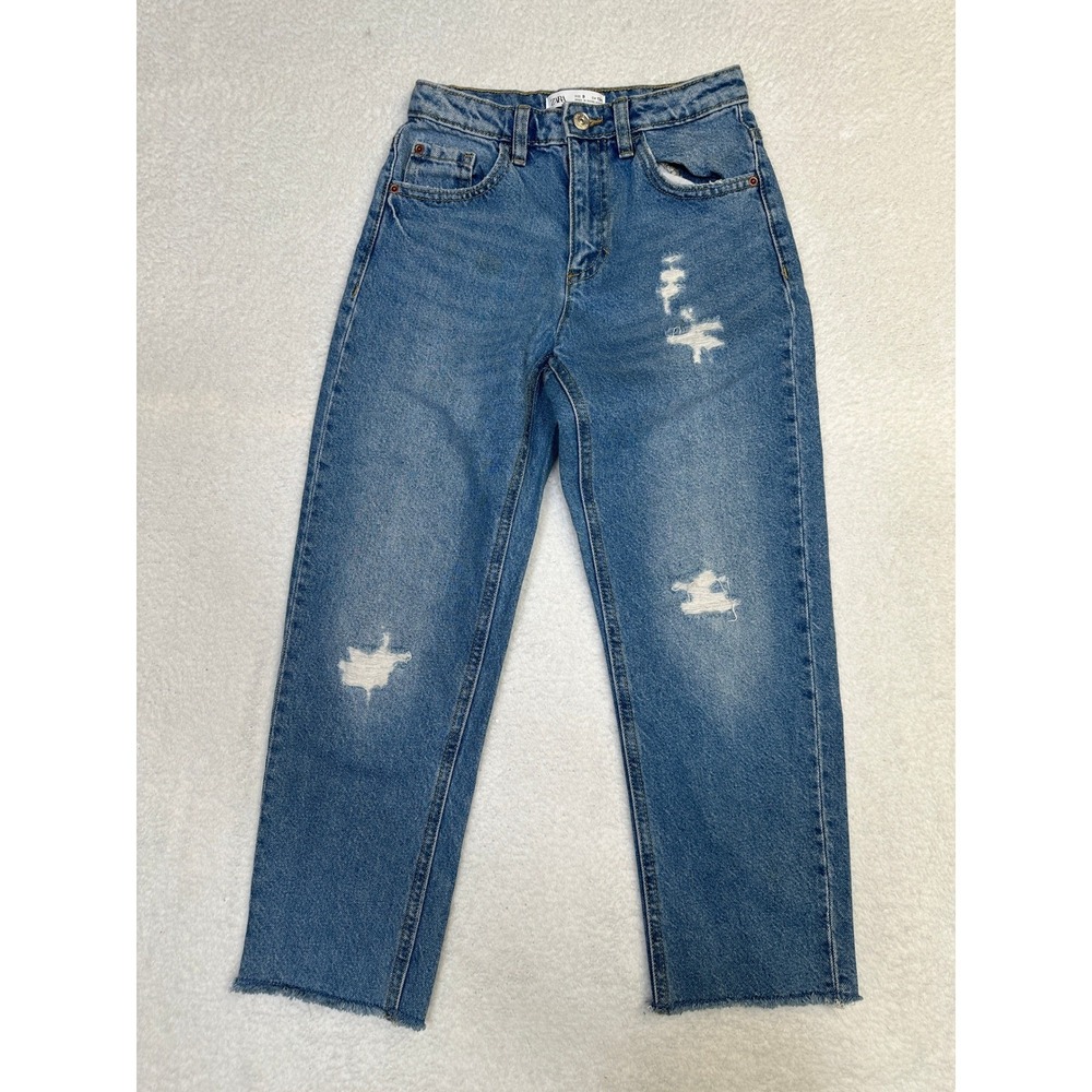 ZARA Kids Jeans Blue Distressed Denim Straight Leg Raw Hem Size 9‎